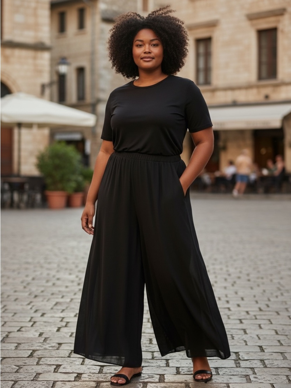 Black Wide-Leg Pull-On Pants with Elastic Waist